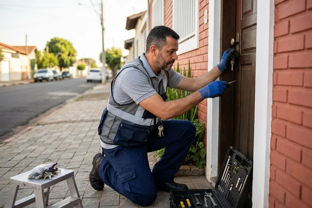Chaveiro em Ourinhos inspecionando fechaduras para garantir segurança residencial.