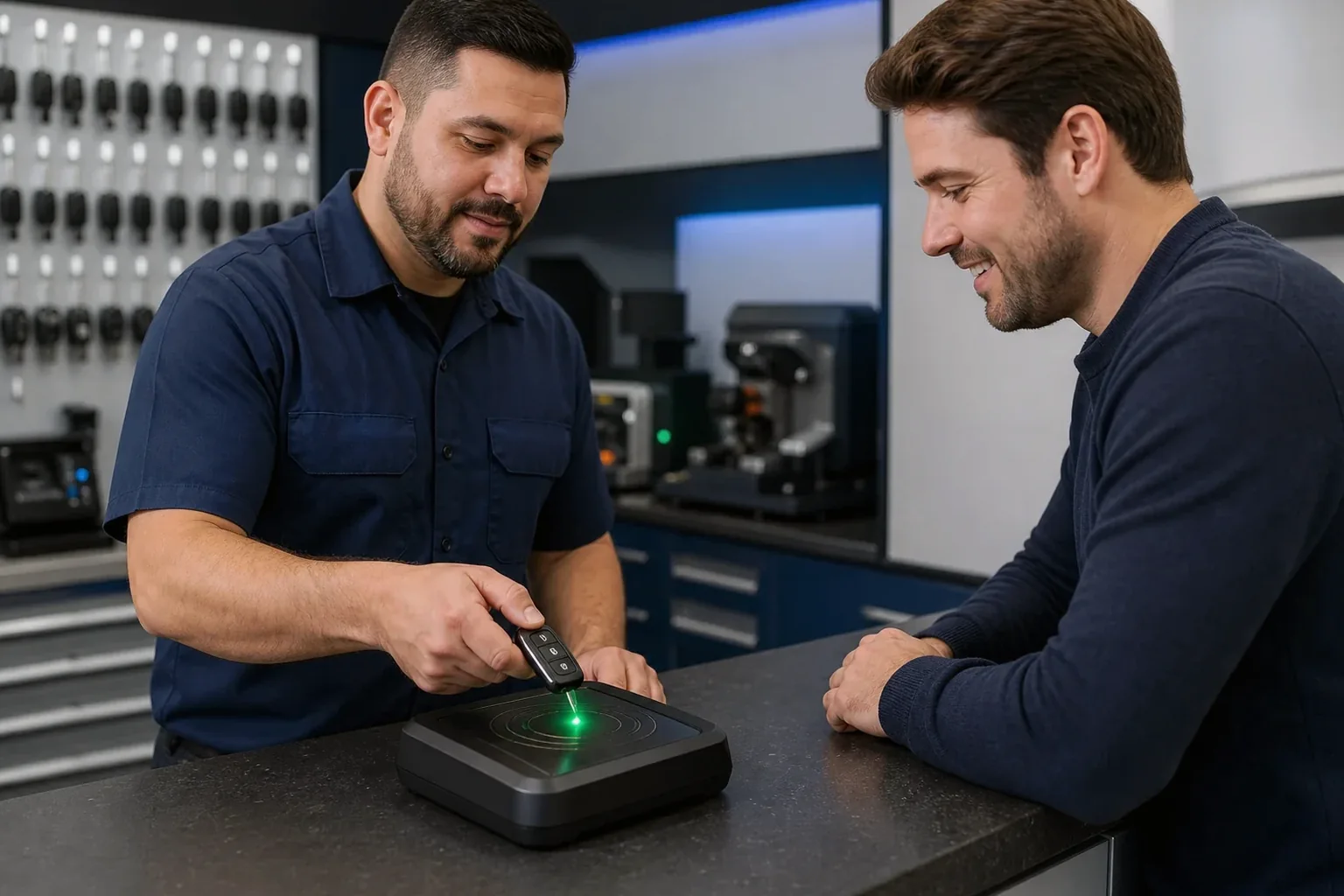 Programação de chave eletrônica sendo realizada por chaveiro em Ourinhos.